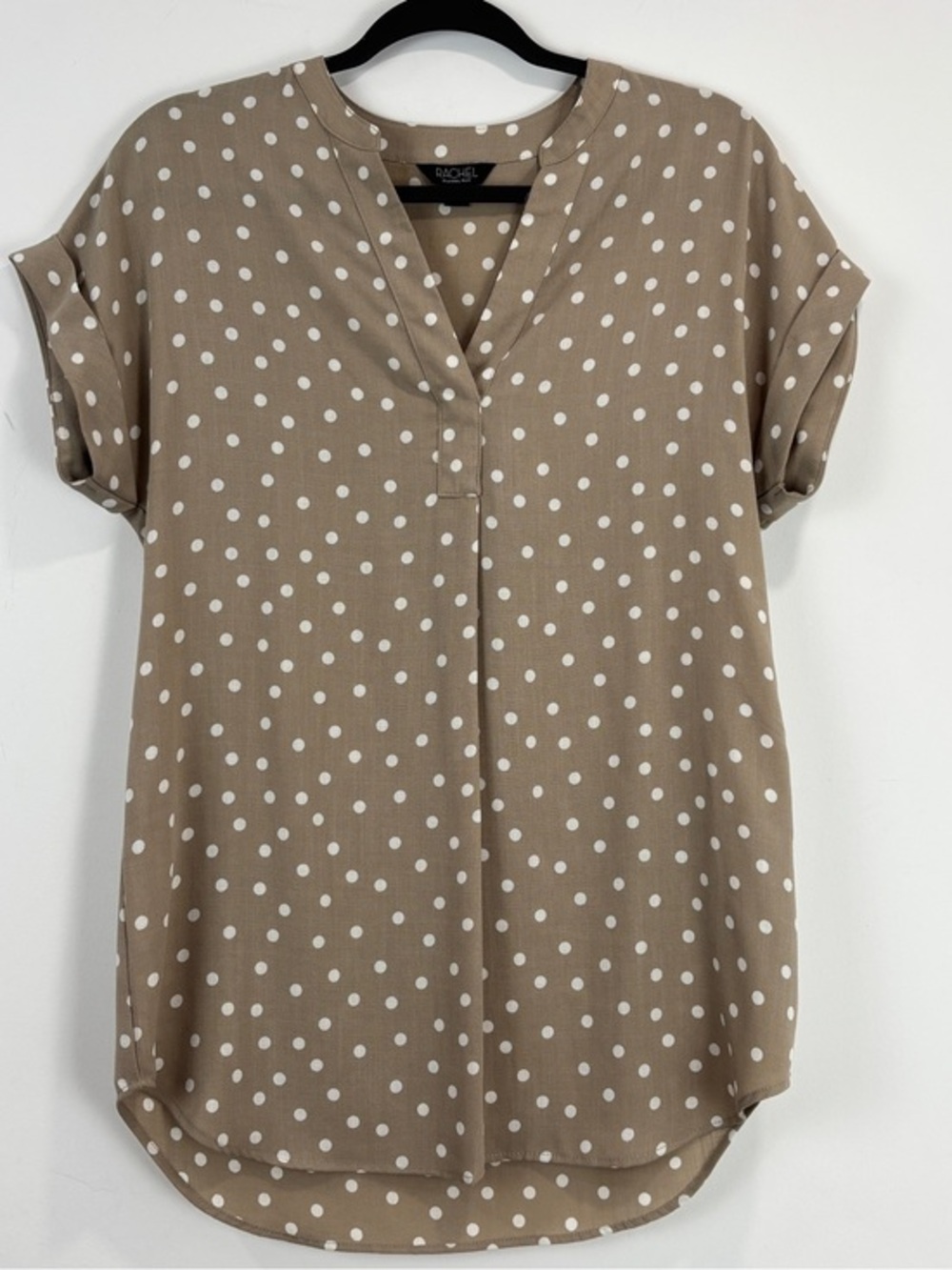 Rachel Rachel Roy Polka Dot Blouse Size Small Beige Taupe V-Neck Roll Sleeve Top